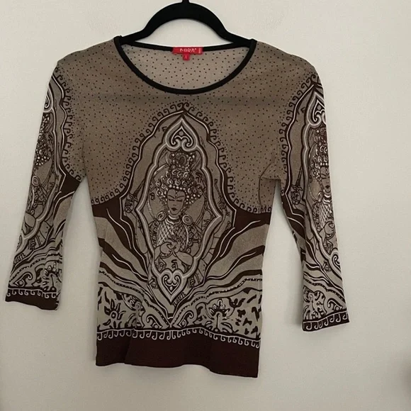 Vintage Noun Paris Tribal Print Y2K 3/4 Sleeve Knit Top BrownBeige made n France - Picture 2 of 11